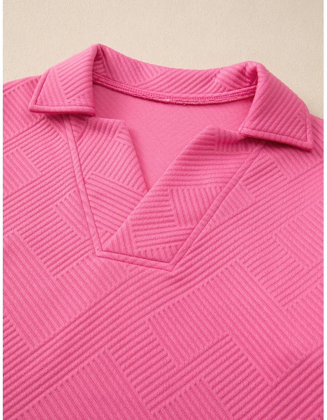 Bonbon Solid Textured Collared V Neck Top and Wide Leg Pants Set