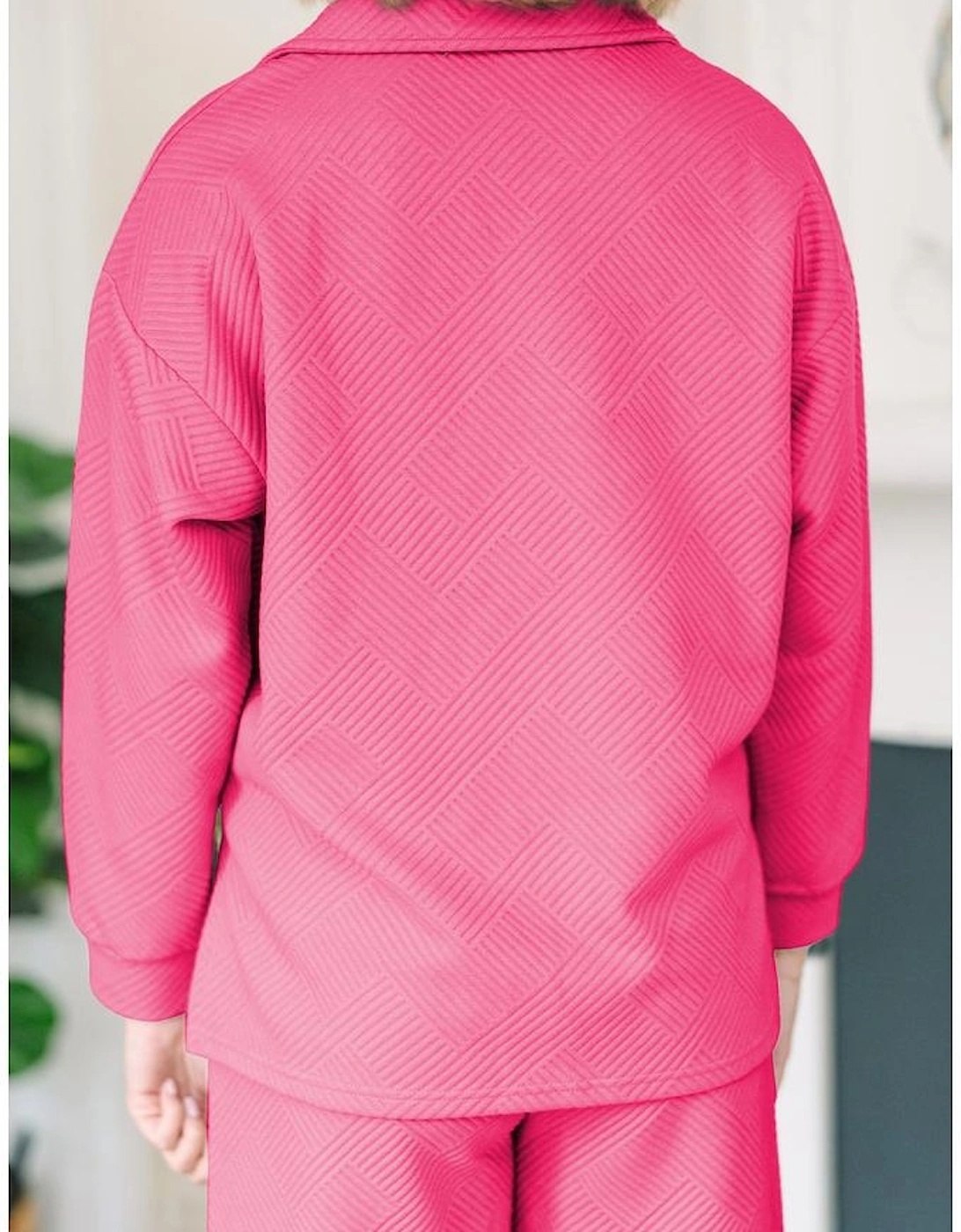 Bonbon Solid Textured Collared V Neck Top and Wide Leg Pants Set