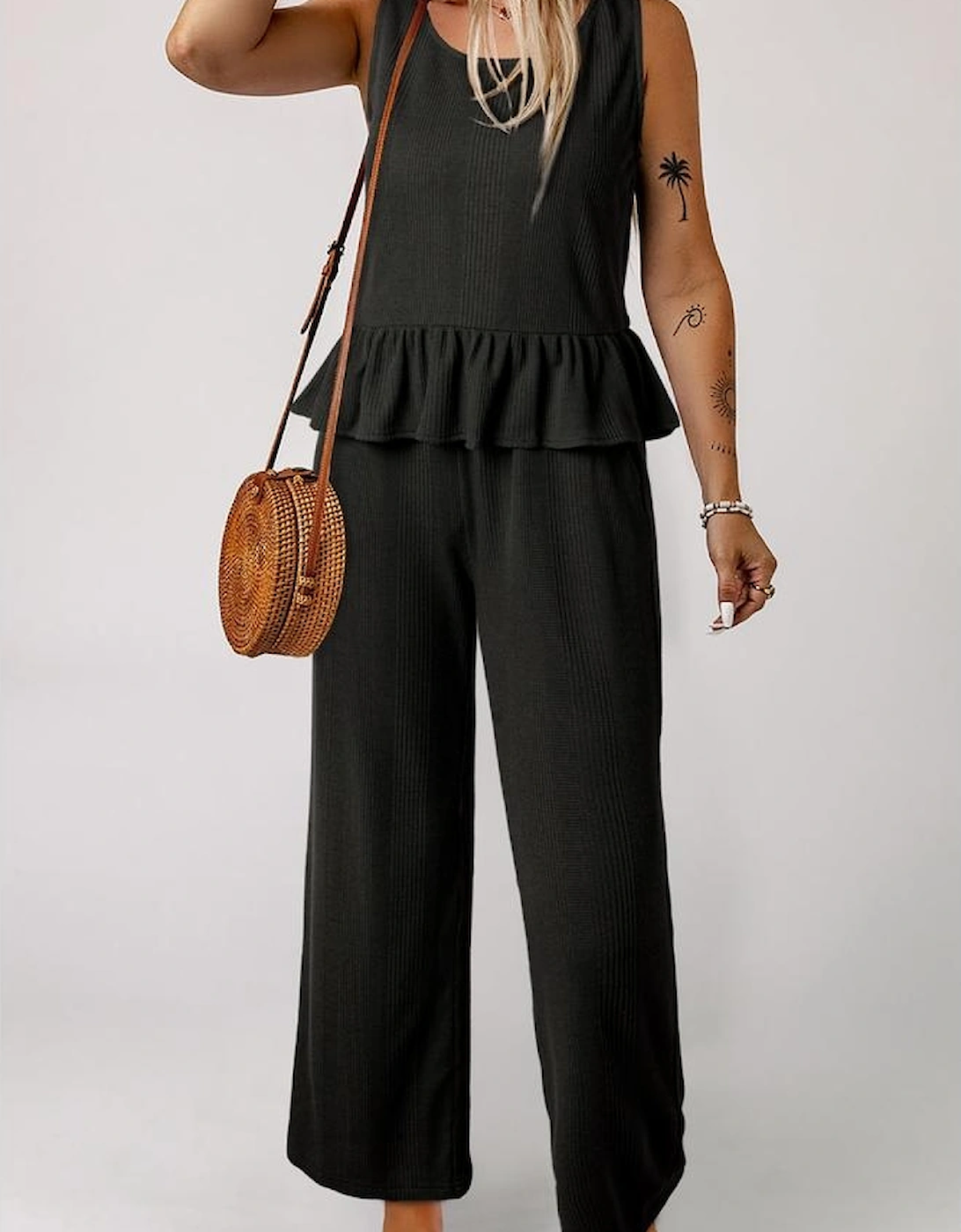 Black Solid Color Ribbed Ruffle Tank Top and Pants Set
