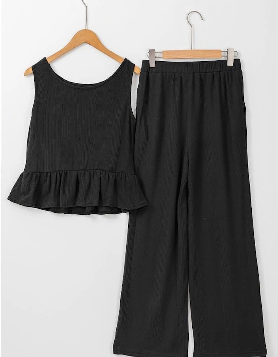 Black Solid Color Ribbed Ruffle Tank Top and Pants Set