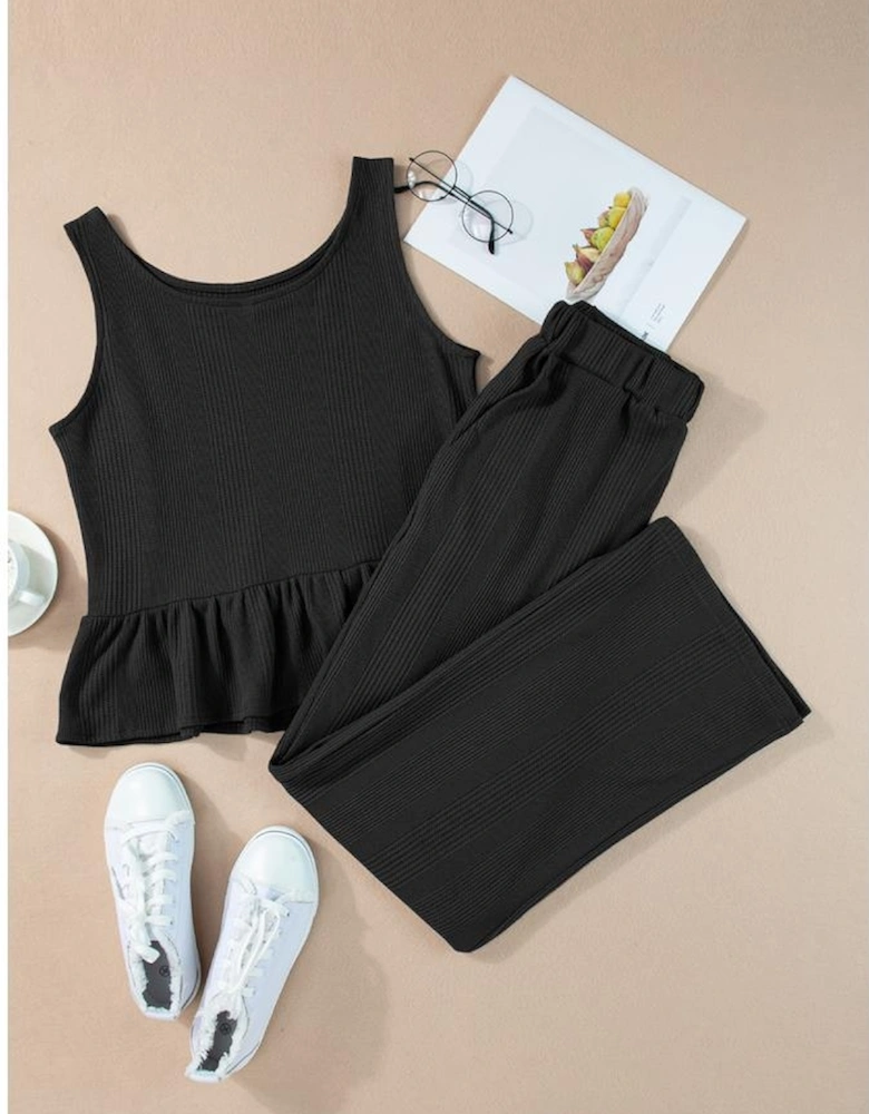 Black Solid Color Ribbed Ruffle Tank Top and Pants Set