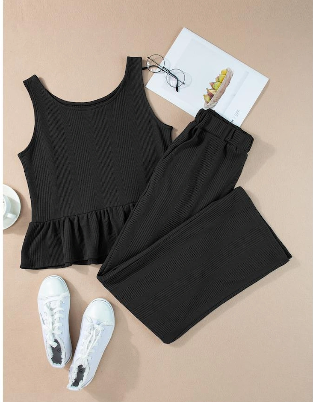 Black Solid Color Ribbed Ruffle Tank Top and Pants Set