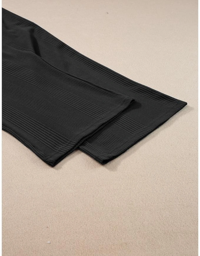 Black Solid Color Ribbed Ruffle Tank Top and Pants Set