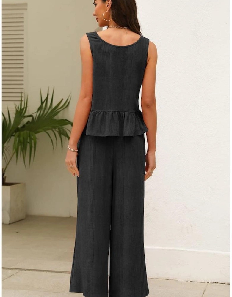 Black Solid Color Ribbed Ruffle Tank Top and Pants Set