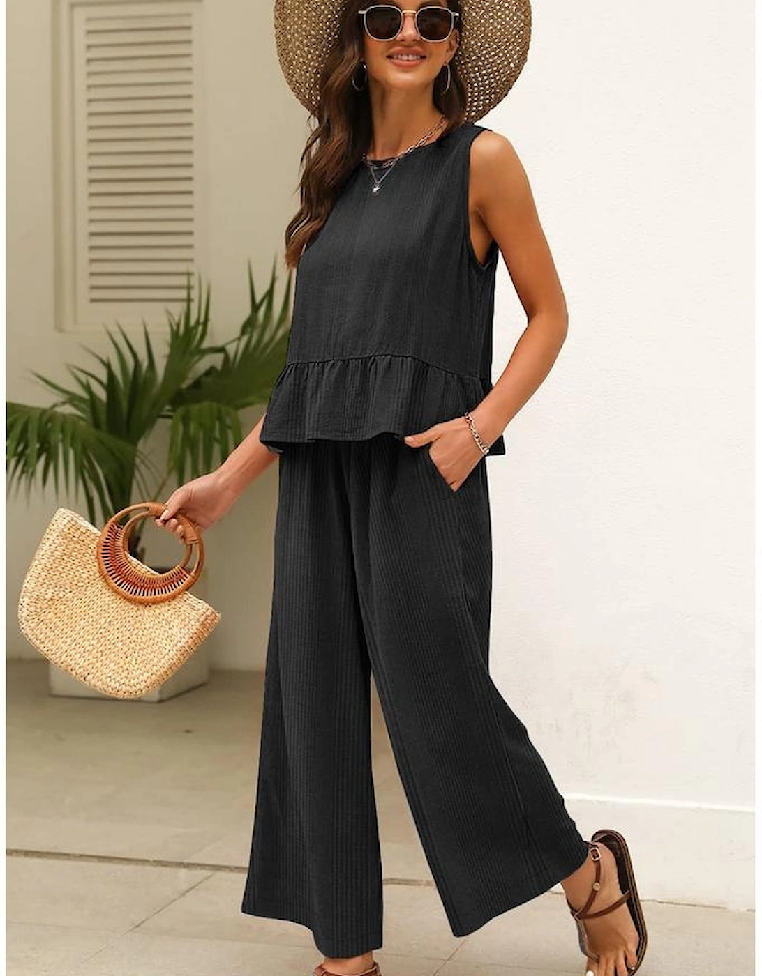 Black Solid Color Ribbed Ruffle Tank Top and Pants Set