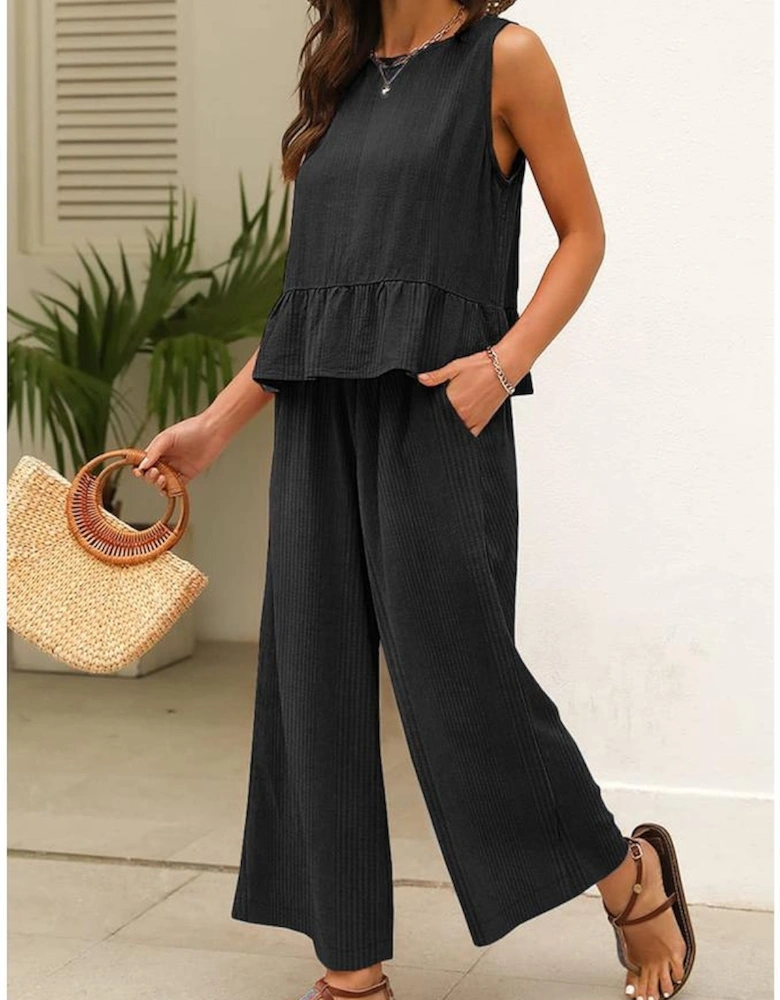 Black Solid Color Ribbed Ruffle Tank Top and Pants Set