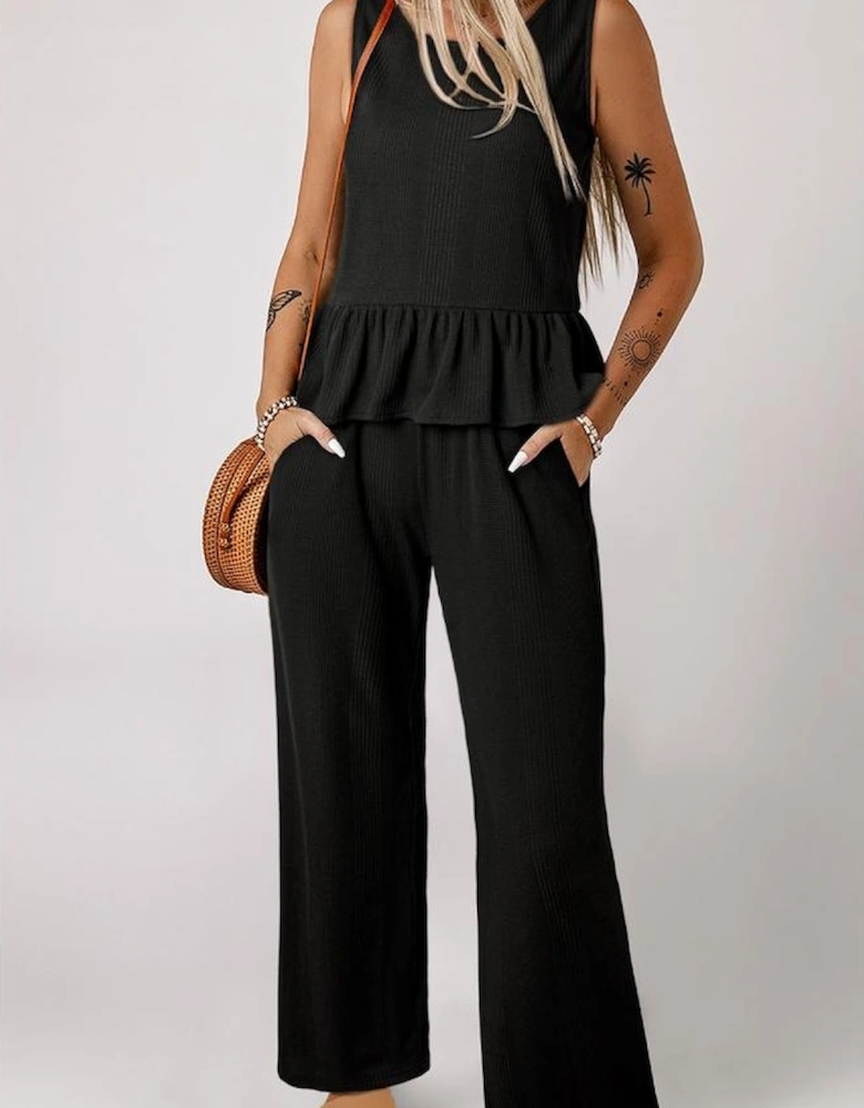 Black Solid Color Ribbed Ruffle Tank Top and Pants Set