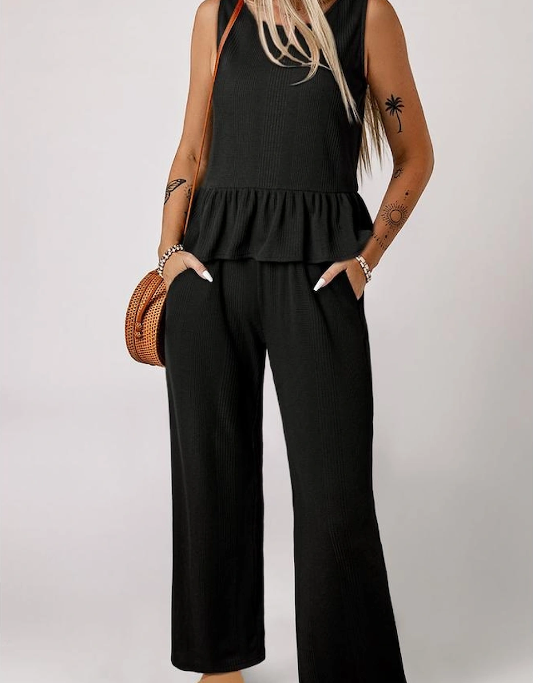 Black Solid Color Ribbed Ruffle Tank Top and Pants Set
