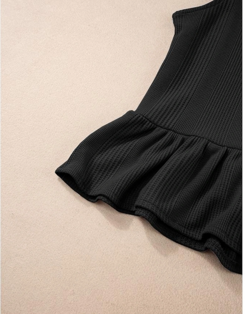 Black Solid Color Ribbed Ruffle Tank Top and Pants Set