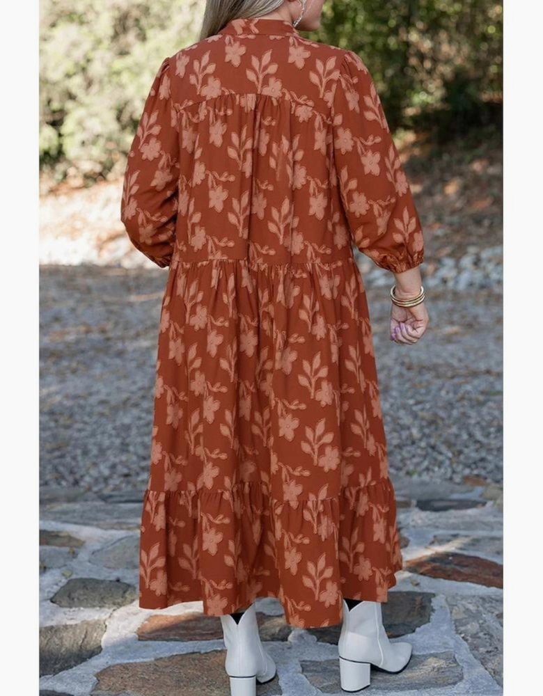 Cinnamon Plus Size Textured 3D Flower Pattern Ruffle Hem 3/4 Sleeve Long Dress