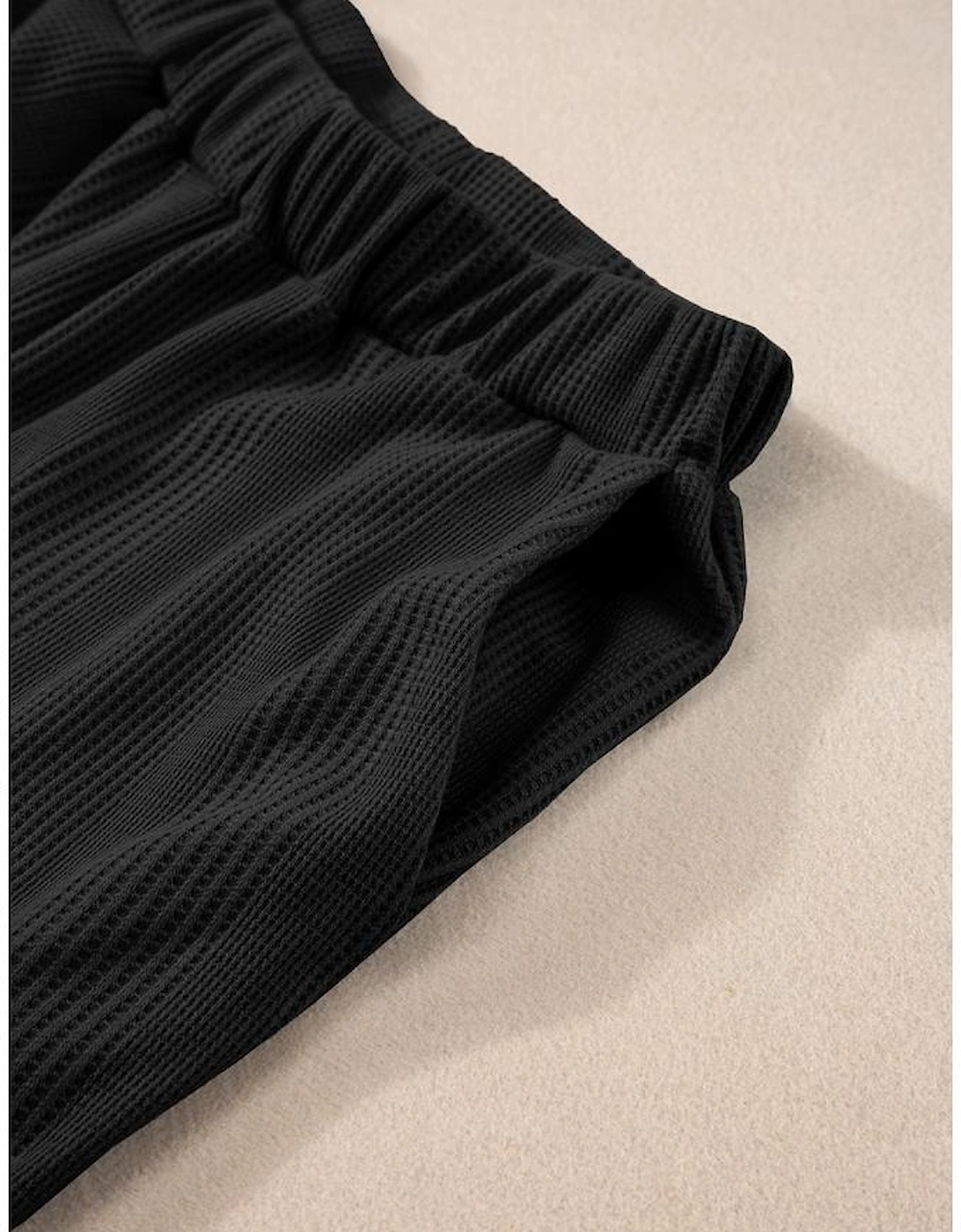 Black Solid Color Ribbed Ruffle Tank Top and Pants Set