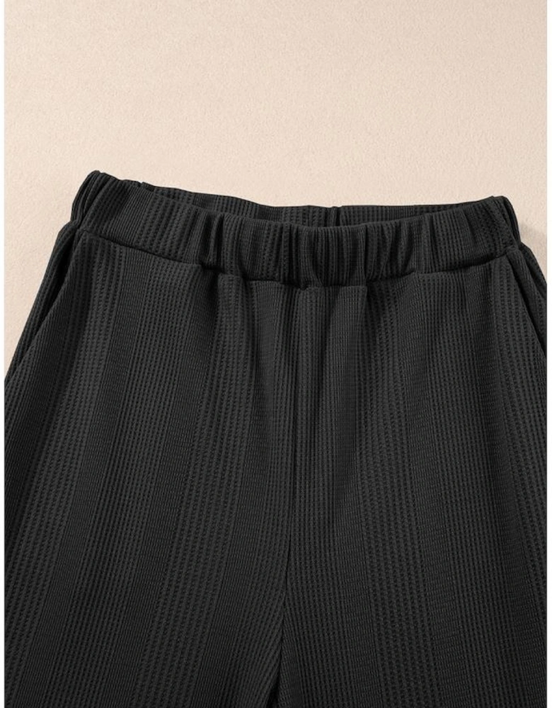 Black Solid Color Ribbed Ruffle Tank Top and Pants Set