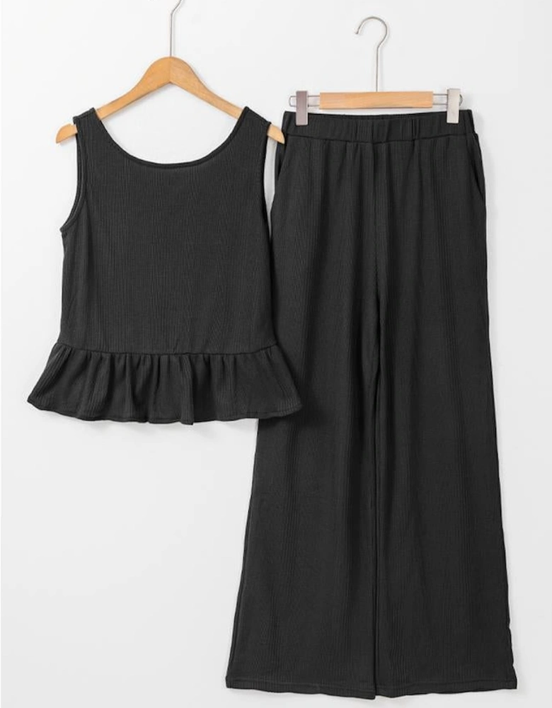 Black Solid Color Ribbed Ruffle Tank Top and Pants Set