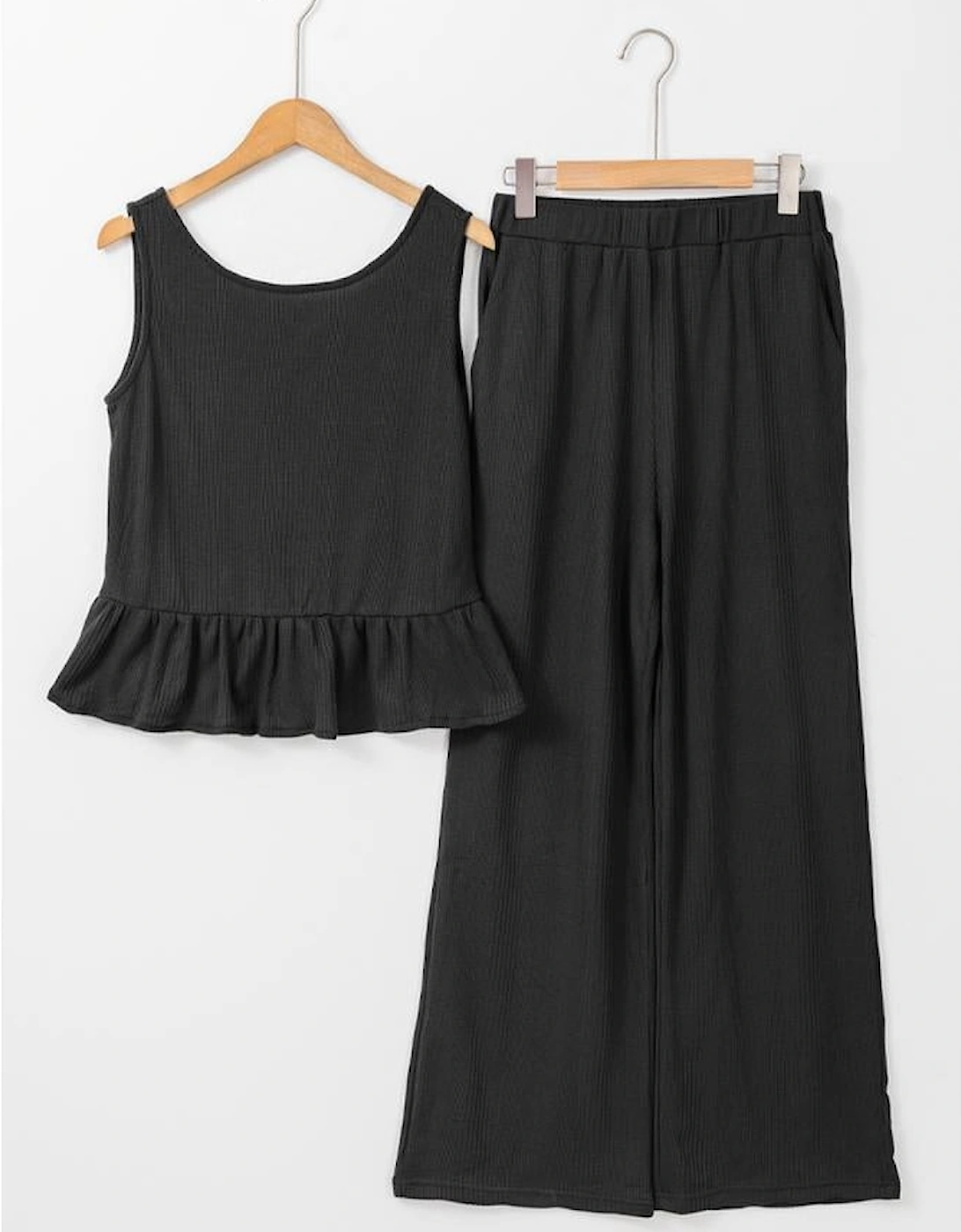 Black Solid Color Ribbed Ruffle Tank Top and Pants Set