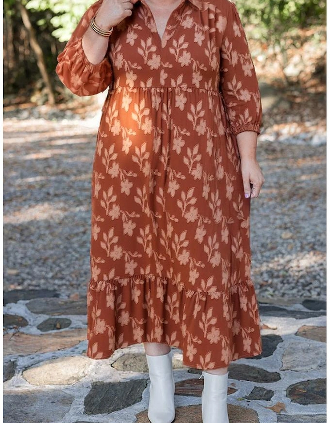 Cinnamon Plus Size Textured 3D Flower Pattern Ruffle Hem 3/4 Sleeve Long Dress