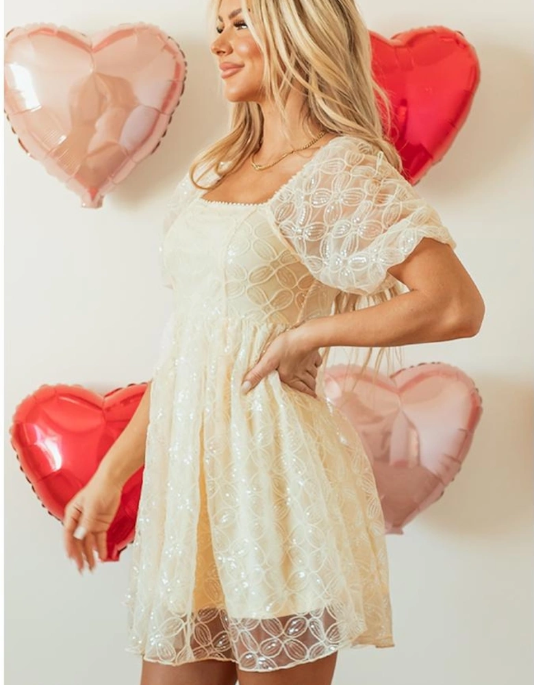 Apricot Sequined Lace Mesh Bubble Sleeve Square Neck Dress