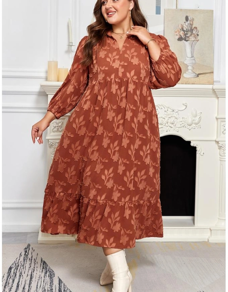 Cinnamon Plus Size Textured 3D Flower Pattern Ruffle Hem 3/4 Sleeve Long Dress