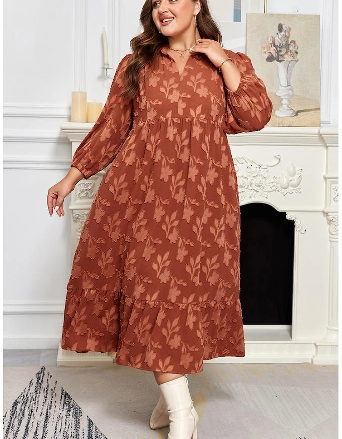 Cinnamon Plus Size Textured 3D Flower Pattern Ruffle Hem 3/4 Sleeve Long Dress