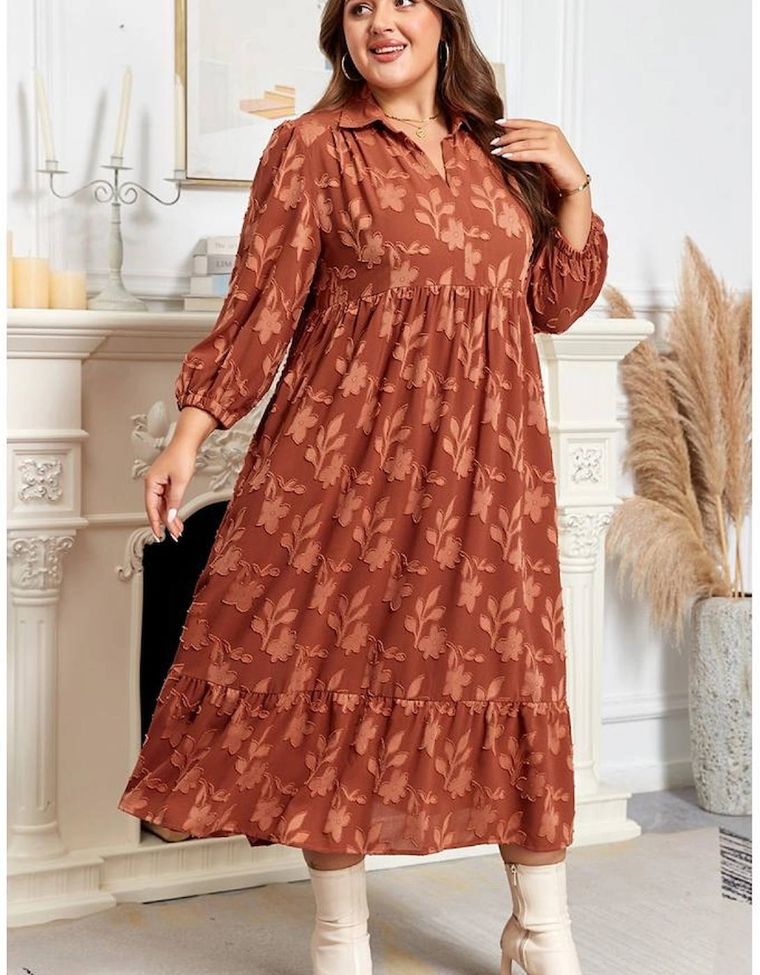 Cinnamon Plus Size Textured 3D Flower Pattern Ruffle Hem 3/4 Sleeve Long Dress