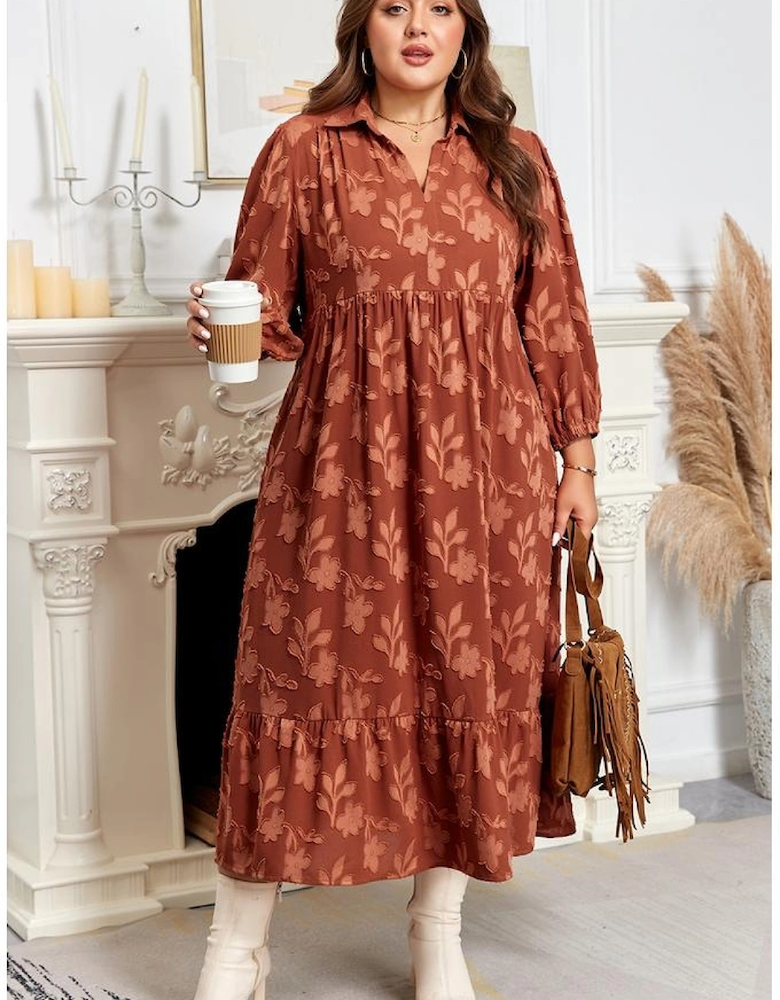 Cinnamon Plus Size Textured 3D Flower Pattern Ruffle Hem 3/4 Sleeve Long Dress