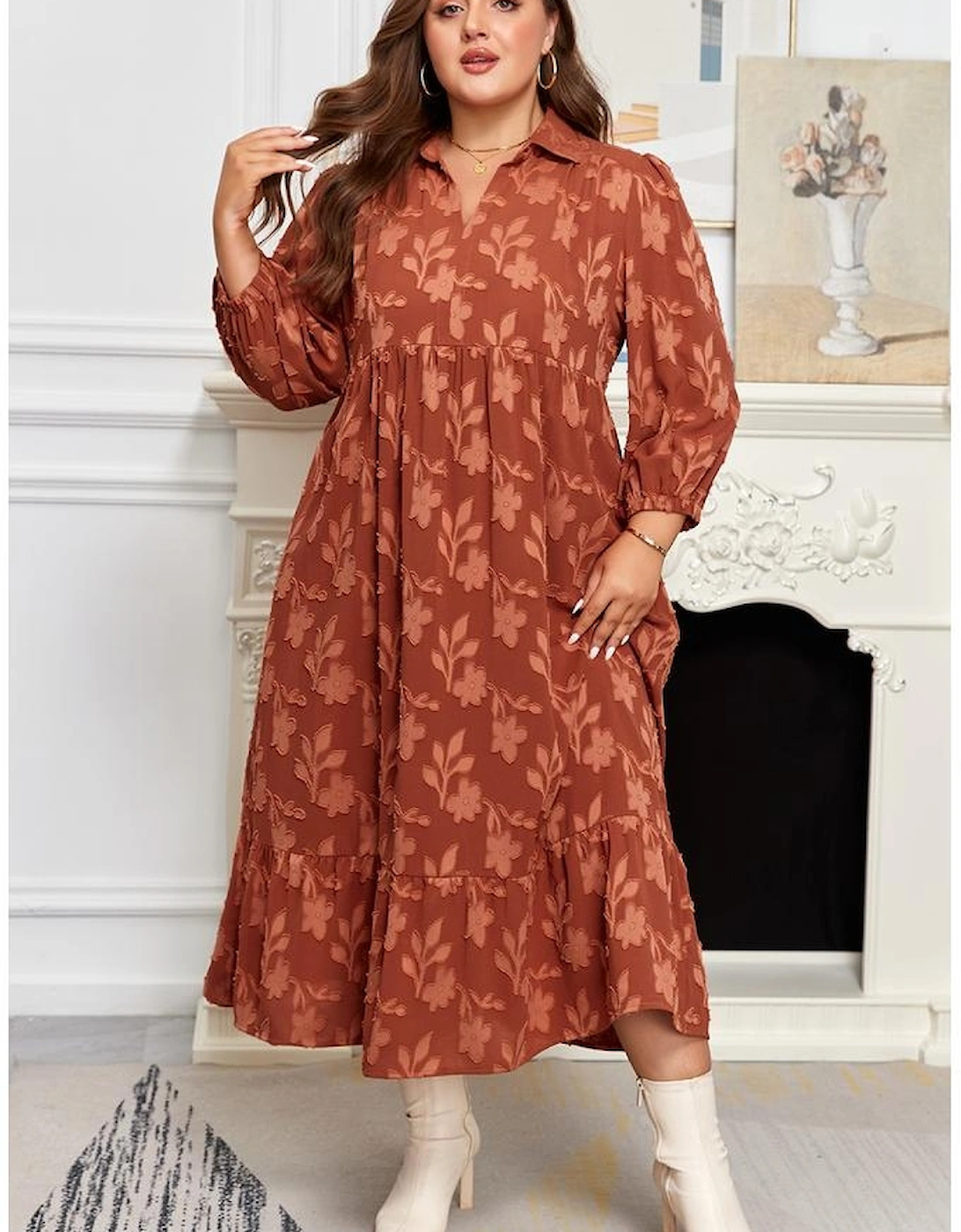 Cinnamon Plus Size Textured 3D Flower Pattern Ruffle Hem 3/4 Sleeve Long Dress
