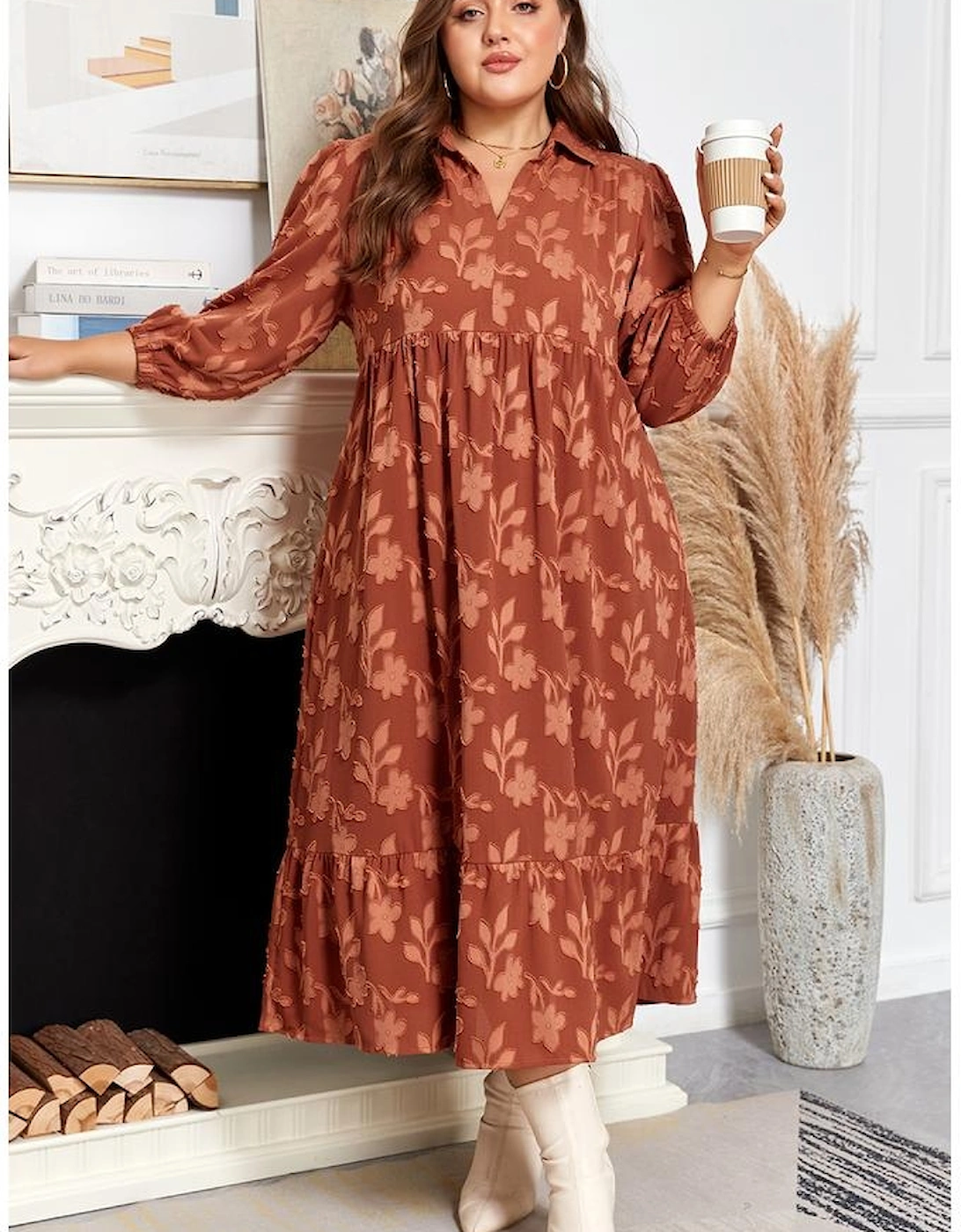 Cinnamon Plus Size Textured 3D Flower Pattern Ruffle Hem 3/4 Sleeve Long Dress