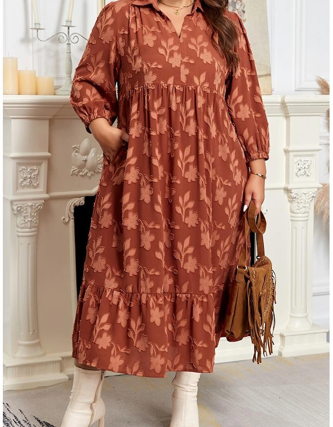 Cinnamon Plus Size Textured 3D Flower Pattern Ruffle Hem 3/4 Sleeve Long Dress