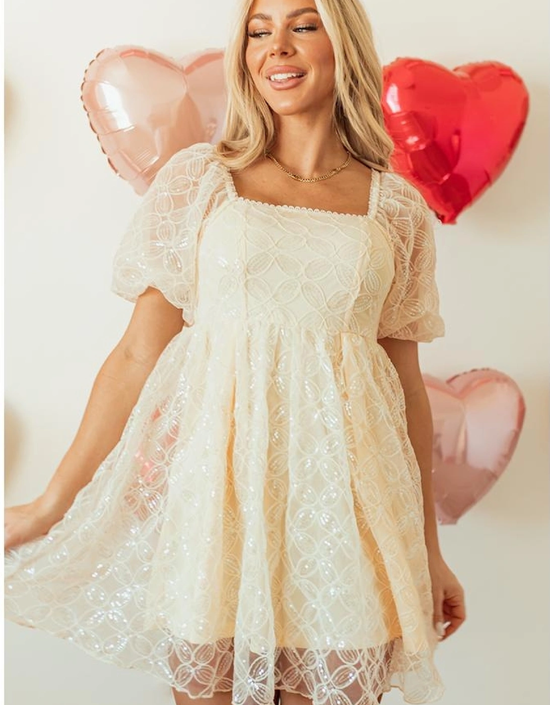 Apricot Sequined Lace Mesh Bubble Sleeve Square Neck Dress