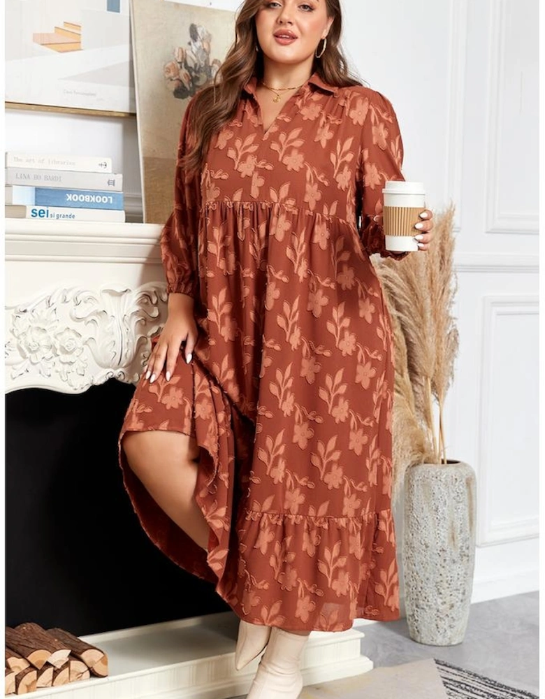 Cinnamon Plus Size Textured 3D Flower Pattern Ruffle Hem 3/4 Sleeve Long Dress