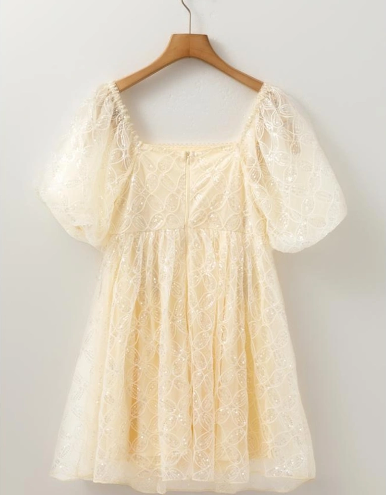 Apricot Sequined Lace Mesh Bubble Sleeve Square Neck Dress
