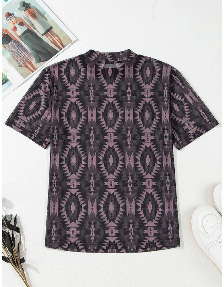 Brown Aztec Print Mock Neck Short Sleeve Mesh T Shirt