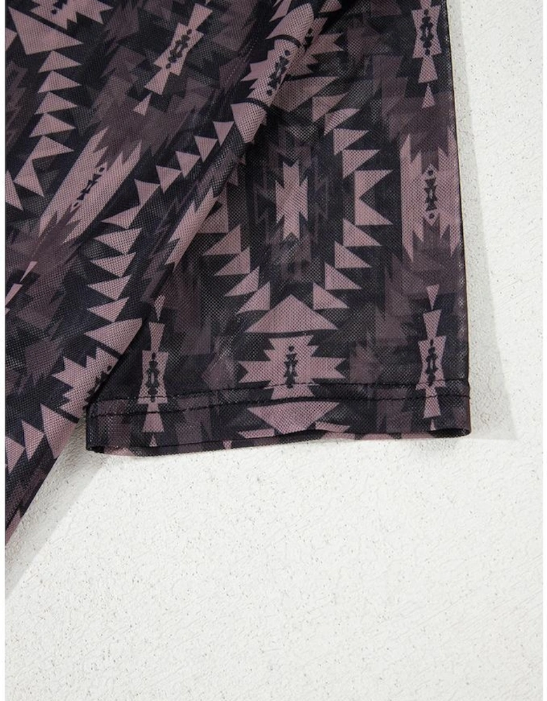 Brown Aztec Print Mock Neck Short Sleeve Mesh T Shirt