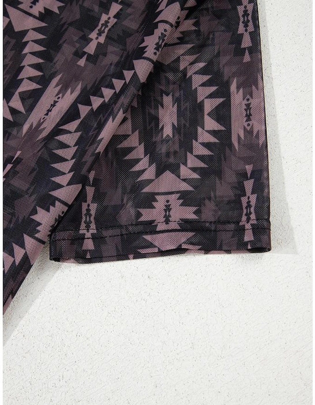 Brown Aztec Print Mock Neck Short Sleeve Mesh T Shirt