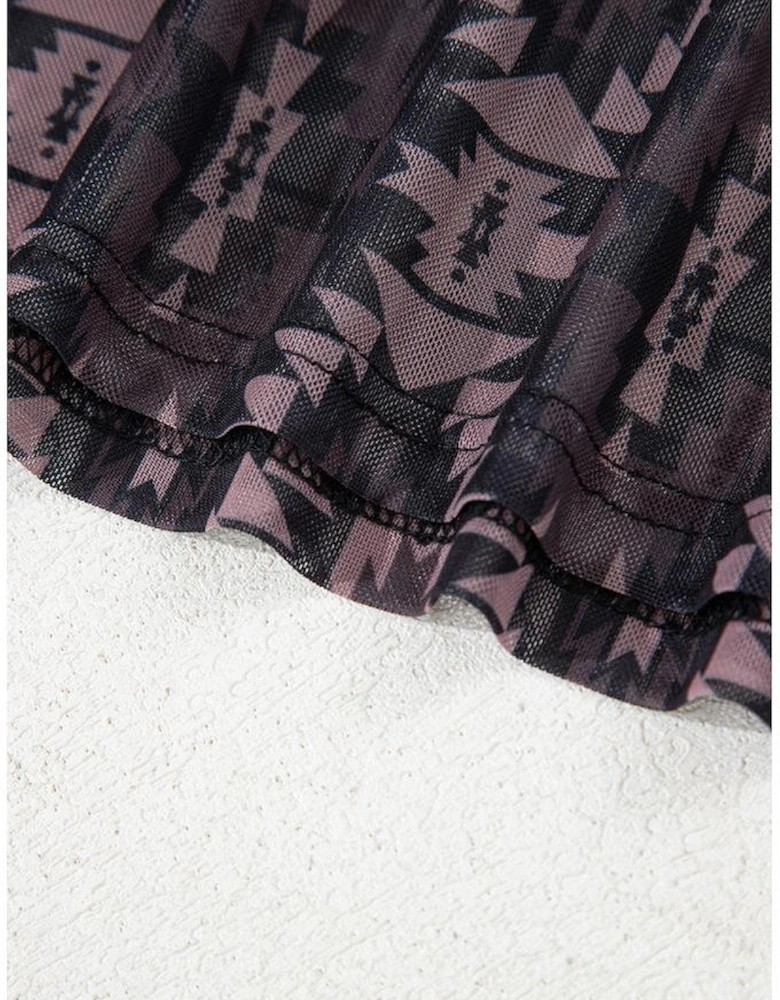 Brown Aztec Print Mock Neck Short Sleeve Mesh T Shirt