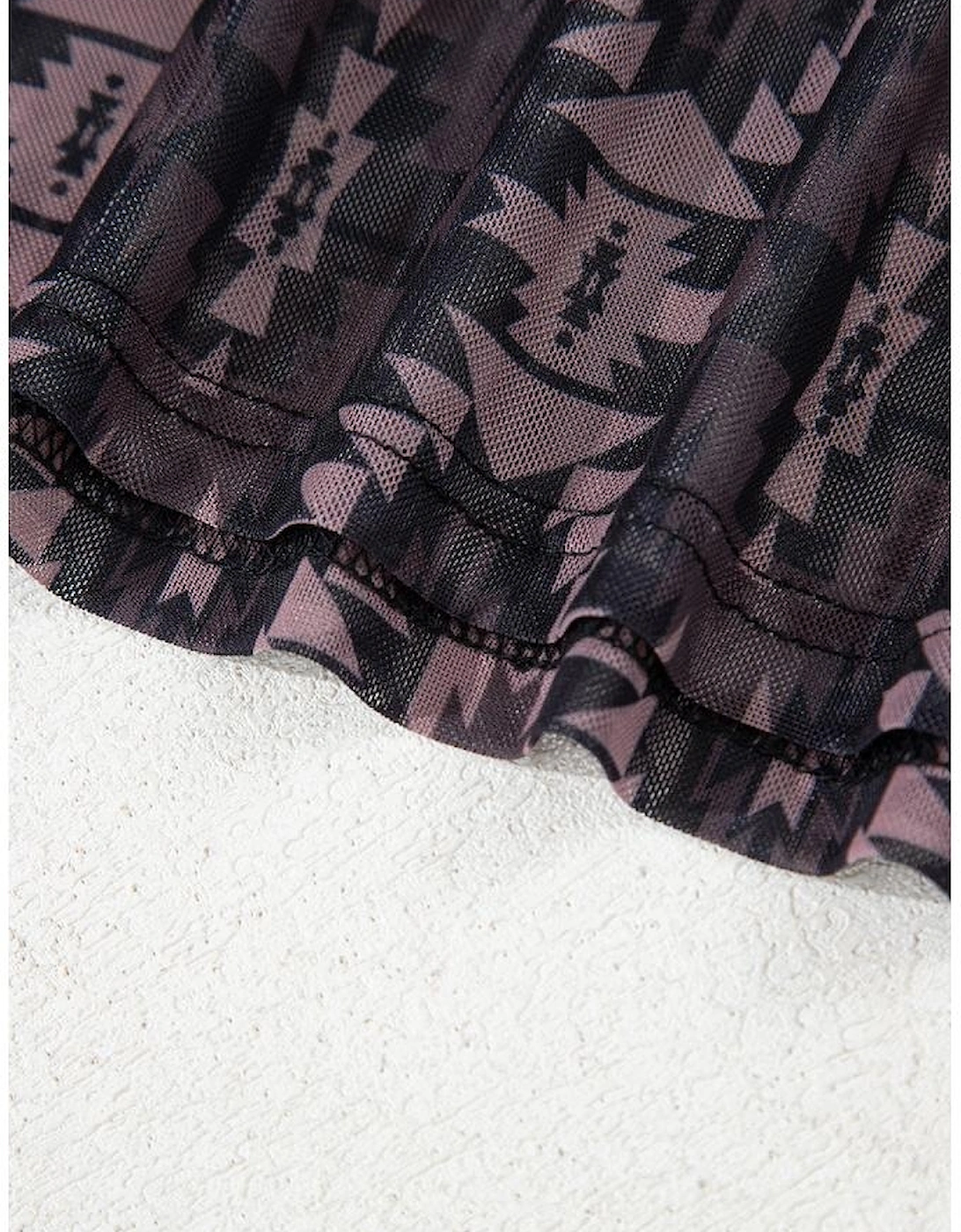 Brown Aztec Print Mock Neck Short Sleeve Mesh T Shirt