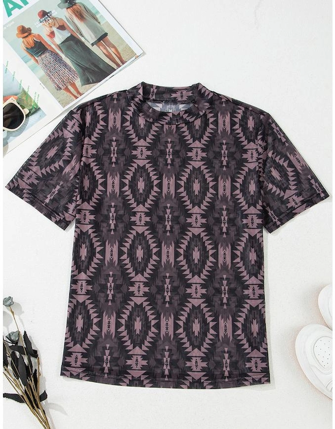 Brown Aztec Print Mock Neck Short Sleeve Mesh T Shirt