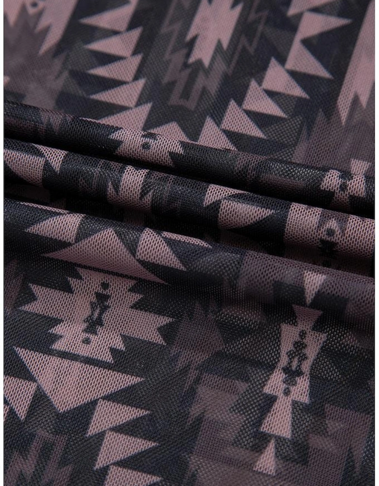 Brown Aztec Print Mock Neck Short Sleeve Mesh T Shirt