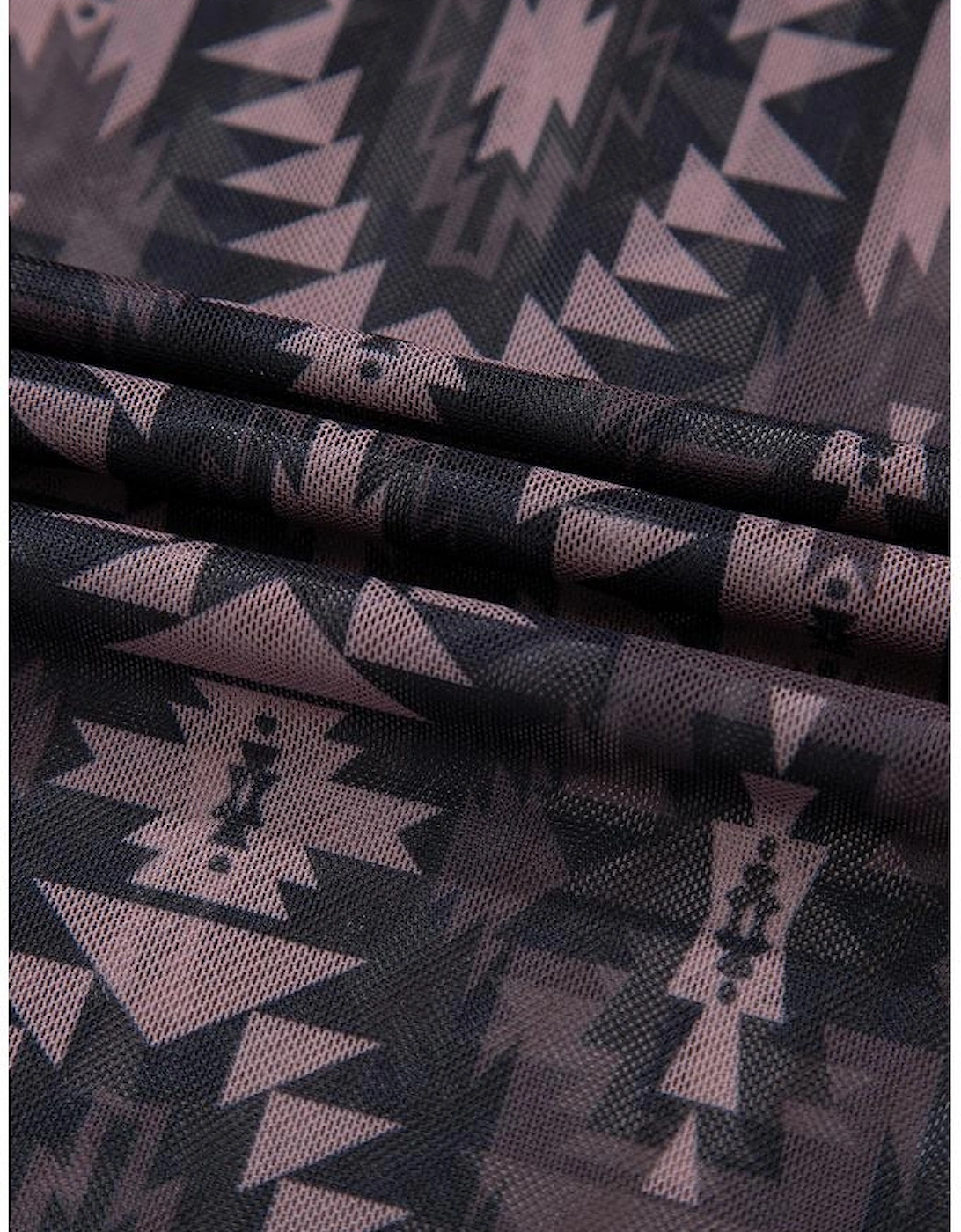 Brown Aztec Print Mock Neck Short Sleeve Mesh T Shirt