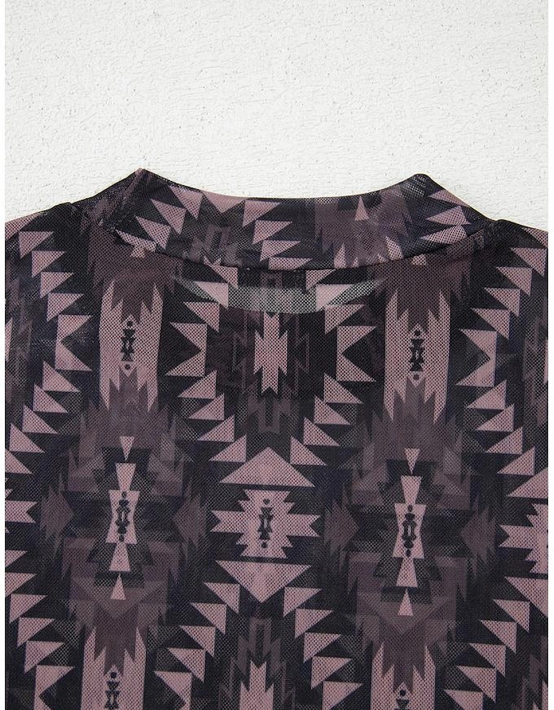 Brown Aztec Print Mock Neck Short Sleeve Mesh T Shirt