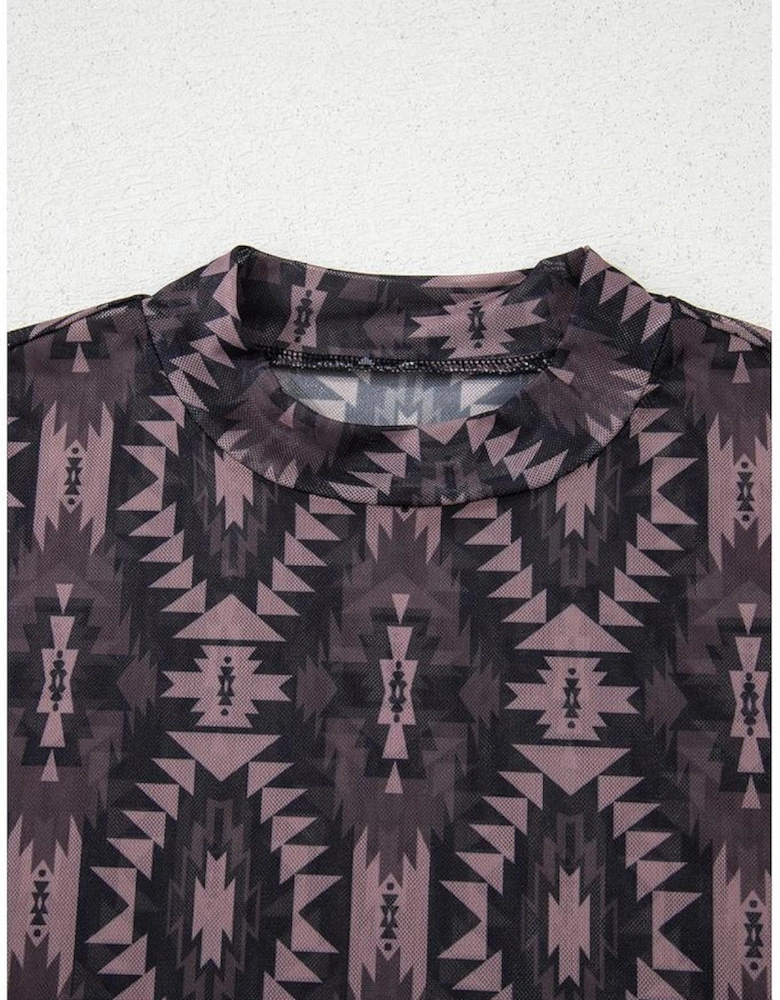 Brown Aztec Print Mock Neck Short Sleeve Mesh T Shirt