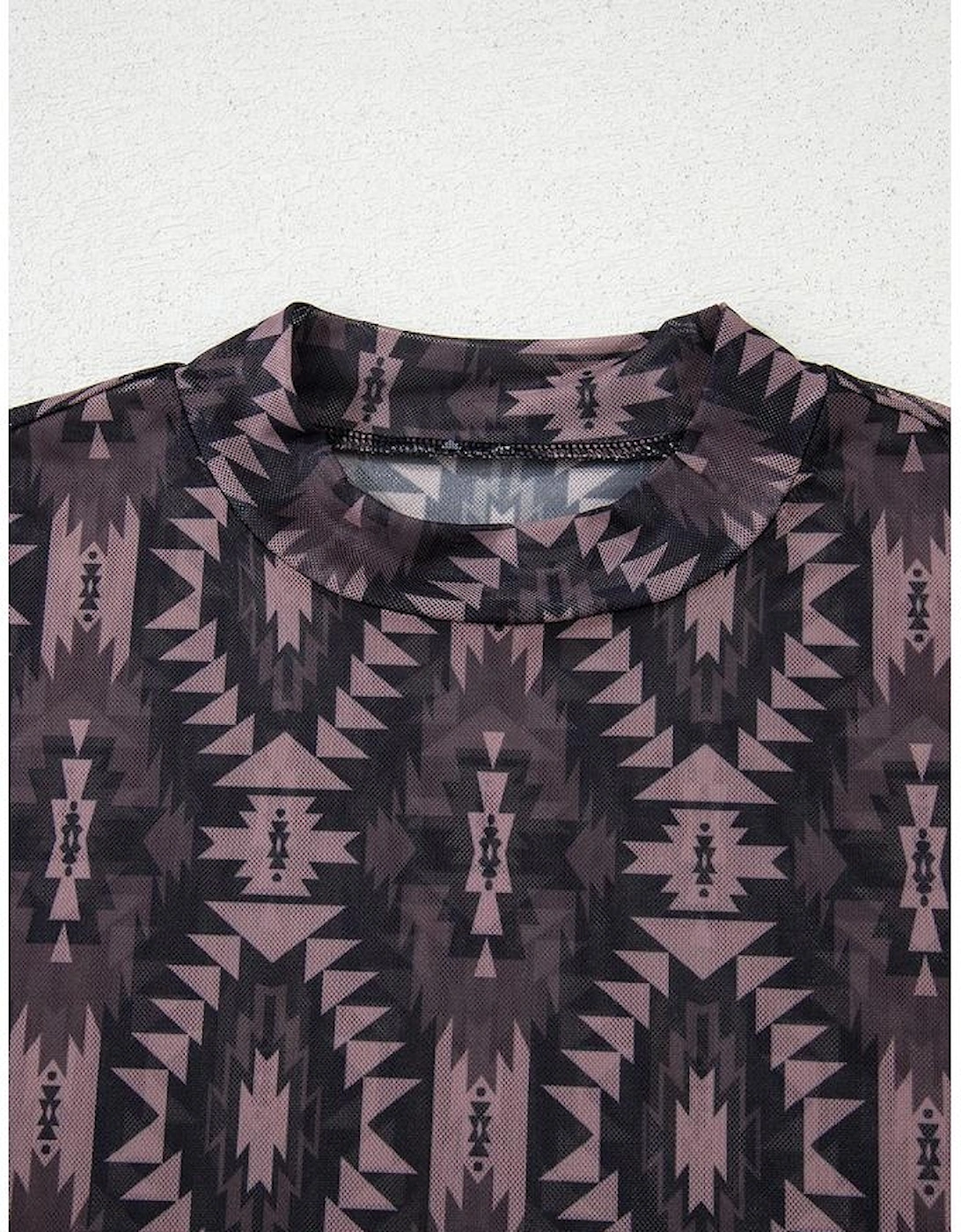 Brown Aztec Print Mock Neck Short Sleeve Mesh T Shirt
