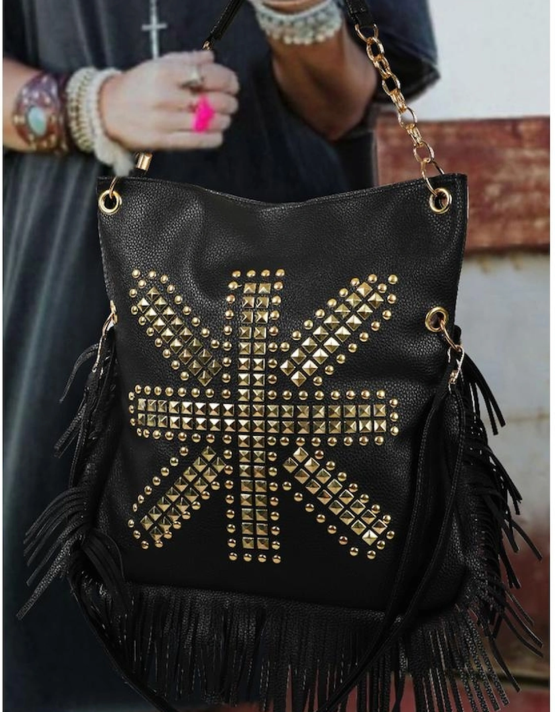 Black PU Leather Rivet Fringed Large One Shoulder Bag, 6 of 5