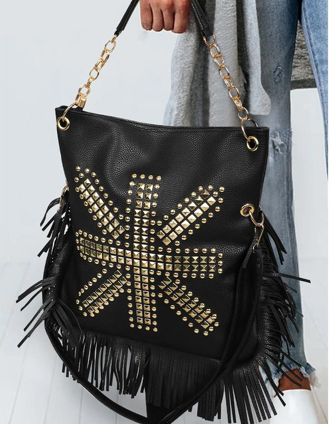 Black PU Leather Rivet Fringed Large One Shoulder Bag