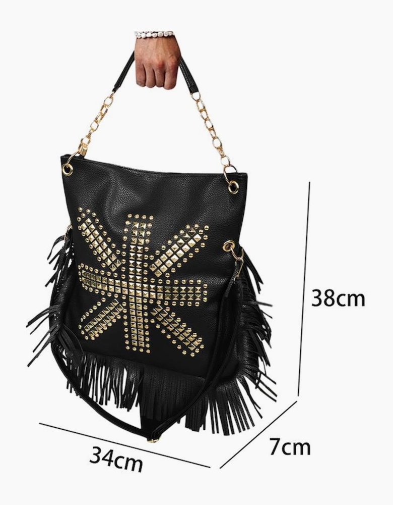 Black PU Leather Rivet Fringed Large One Shoulder Bag