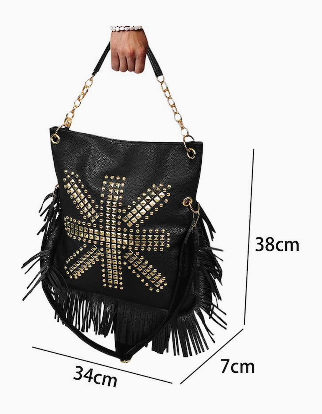 Black PU Leather Rivet Fringed Large One Shoulder Bag