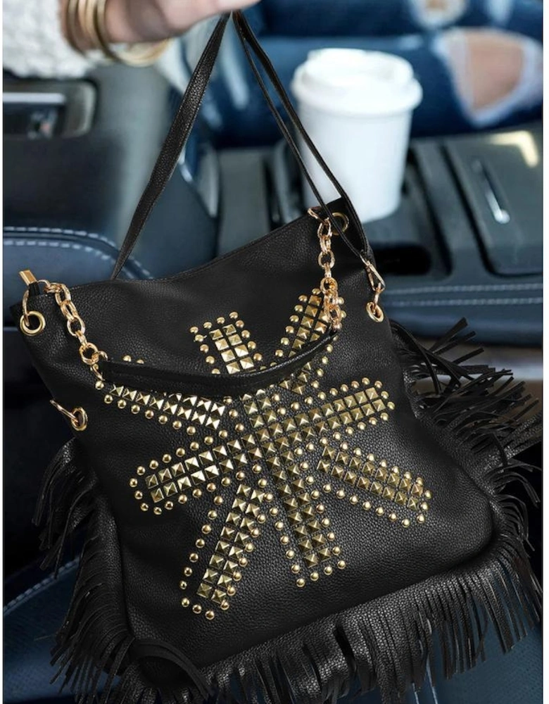 Black PU Leather Rivet Fringed Large One Shoulder Bag