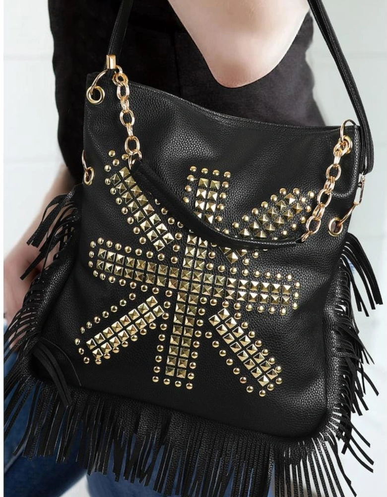 Black PU Leather Rivet Fringed Large One Shoulder Bag