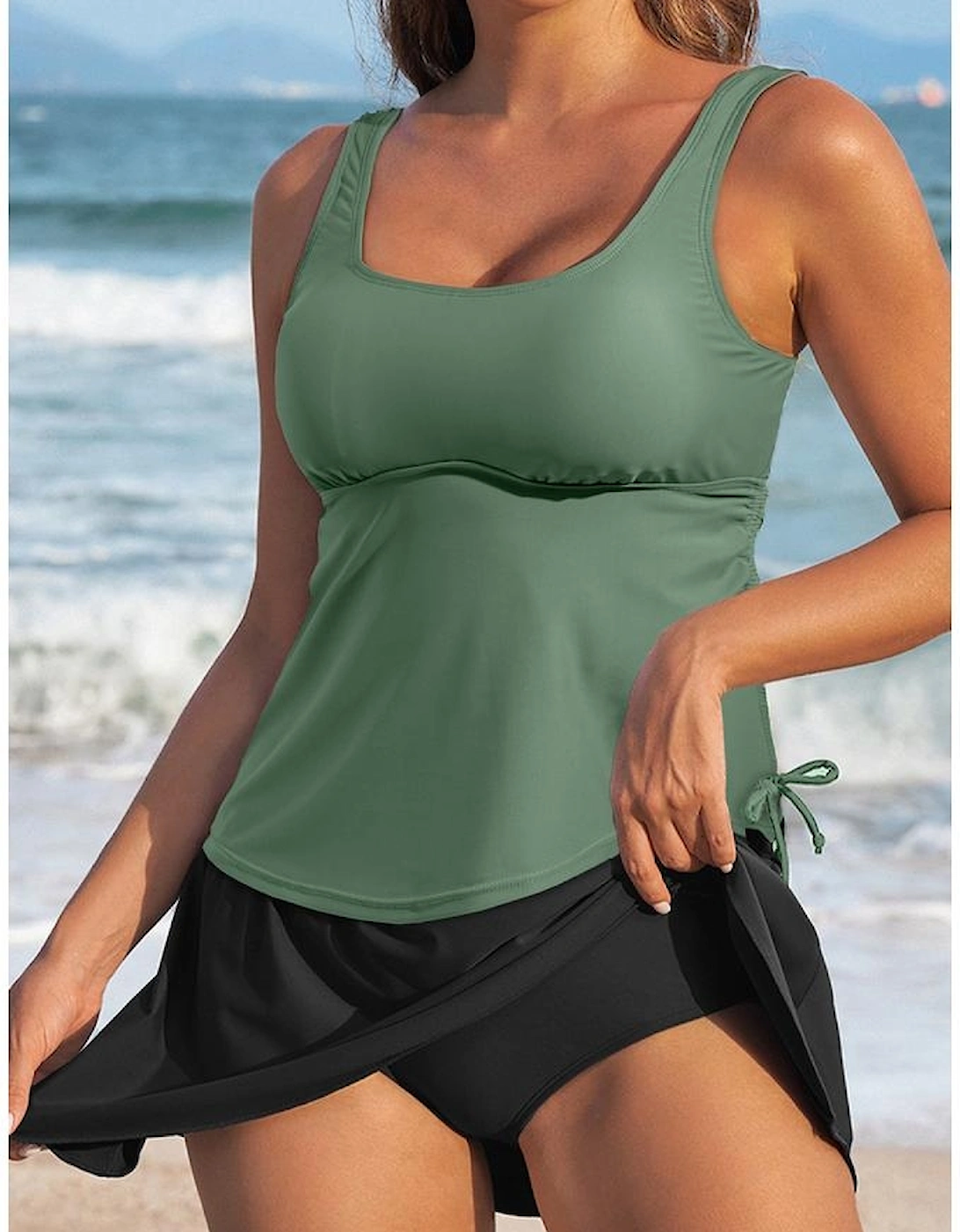 Mist Green Scoop Neck Adjustable Tankini and Matching Skort Bathing Suit, 16 of 15