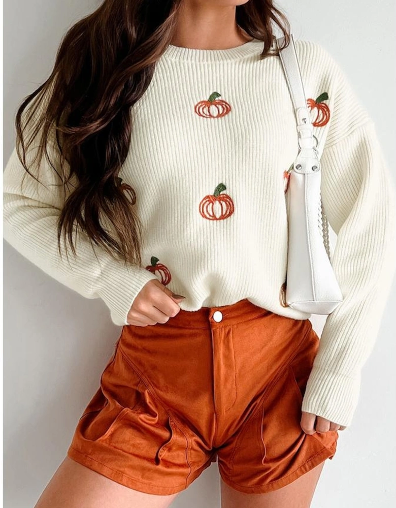 Beige Pumpkin Embroidered Ribbed Thanksgiving Halloween Holiday Sweater