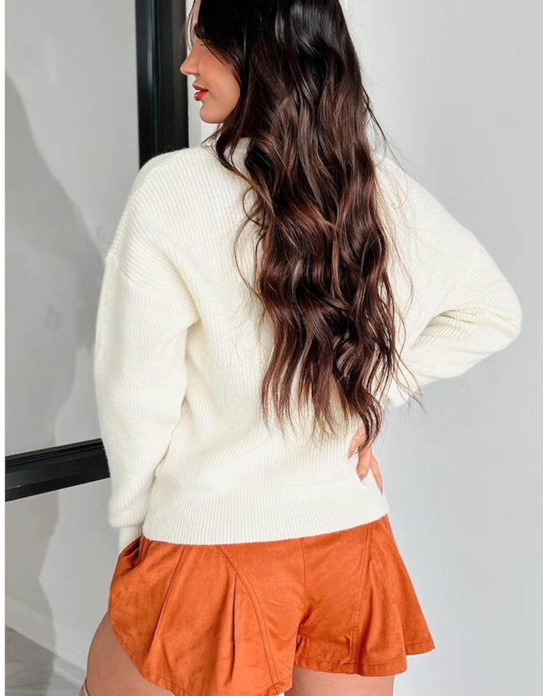 Beige Pumpkin Embroidered Ribbed Thanksgiving Halloween Holiday Sweater